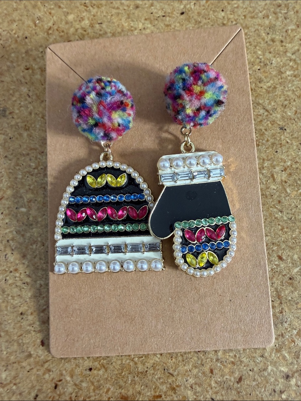 Sugarfix Multicolor Pom Pom Winter Hat & Mitten Drop Earrings